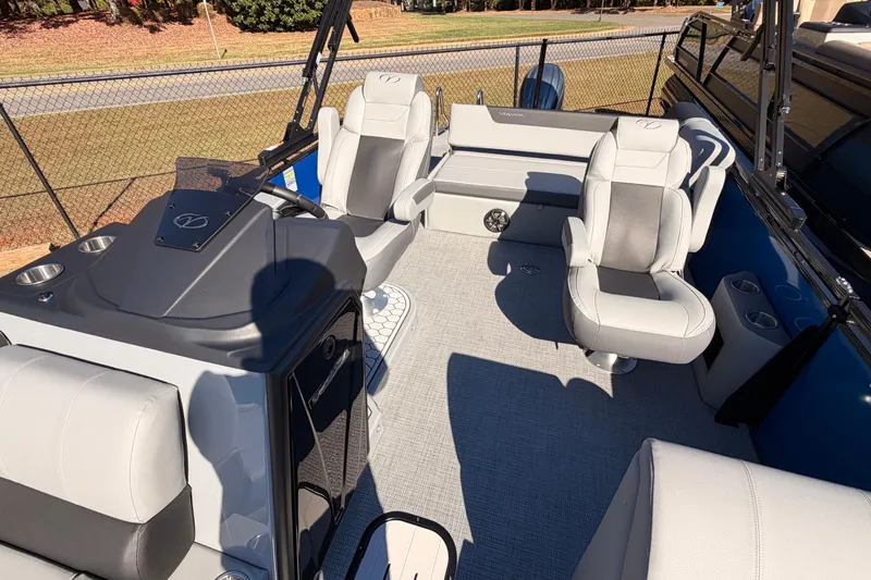 Slide: The Image of Luxurious interior of 2026 Veranda VR 235 VL pontoon boat with plush seating. - 6