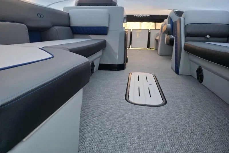 Slide: The Image of Interior of 2026 Veranda Vista 22RC pontoon boat with modern seating and flooring. - 3