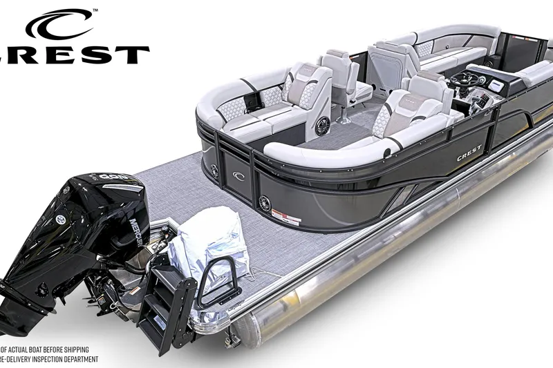 Slide: The Image of 2026 Crest Conquest 250 SLC pontoon boat with luxurious seating and Mercury outboard motor. - 3