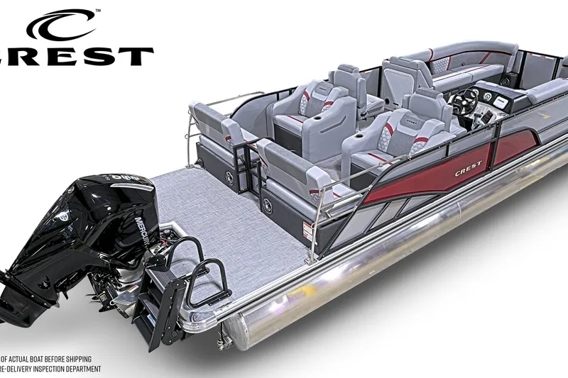 Slide: The Image of 2026 Crest Conquest 250 SLRC pontoon boat with luxurious seating and powerful Mercury outboard engine. - 3
