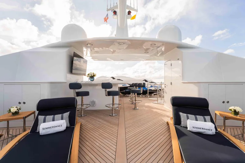 Slide: The Image of Luxurious 2004 Trinity Yachts motor yacht deck with lounge chairs and bar seating. - 26