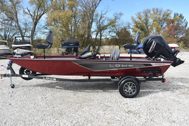Slide: The Image of 2026 Lowe Stinger 175C fishing boat on trailer, red with Mercury outboard motor. - 1