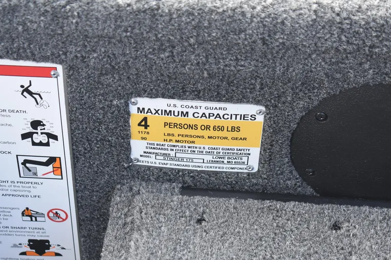 Slide: The Image of 2026 Lowe Stinger 175C boat capacity label, maximum 4 persons or 650 lbs. - 10