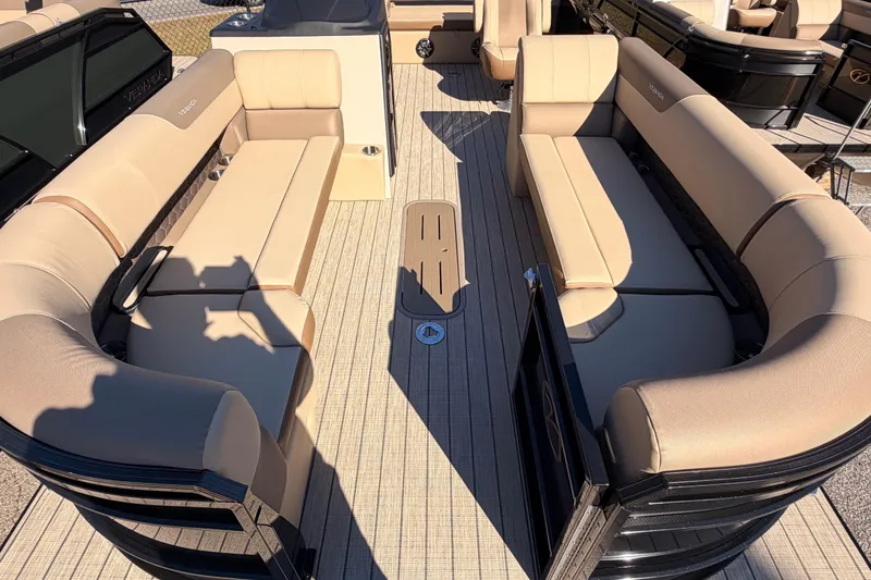 Slide: The Image of 2026 Veranda VR 265 VL Blackout Edition pontoon boat with luxurious beige seating. - 6