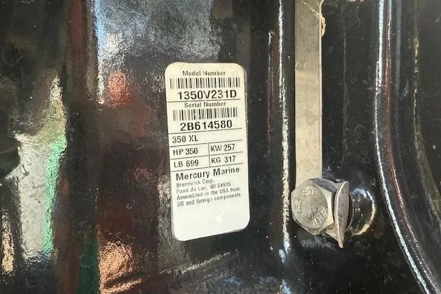 Slide: The Image of Label on Mercury Marine engine, model 1350V231D, serial 2B614580, 350 HP, 2019 Premier boat. - 23