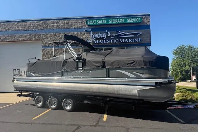 Slide: The Image of 2019 Premier 260 Grand Entertainer pontoon boat on trailer at Jerry's Majestic Marine. - 28