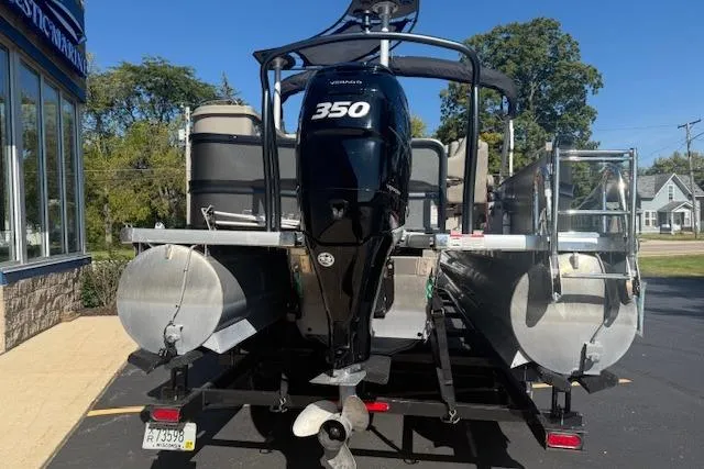 Slide: The Image of 2019 Premier 260 Grand Entertainer pontoon boat with powerful 350 engine, rear view. - 3