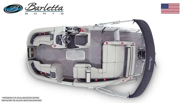 Slide: The Image of 2026 Barletta Boats Cabrio 22U pontoon, top view, showcasing spacious seating and modern design. - 6