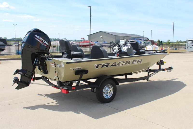 Slide: The Image of 2026 Tracker Pro Team 175 boat on trailer with Mercury outboard motor. - 5