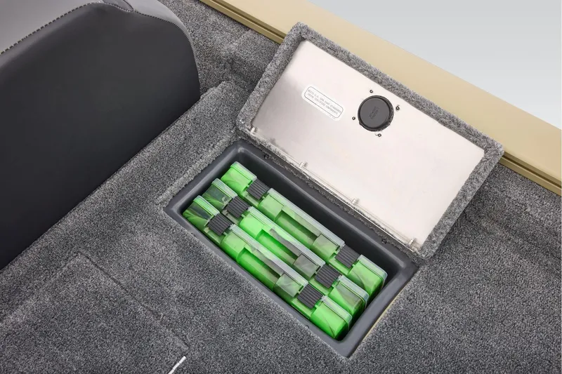 Slide: The Image of Manufacturer Provided Image: 2026 Tracker Pro Team 175 storage compartment with green tackle boxes. - 58