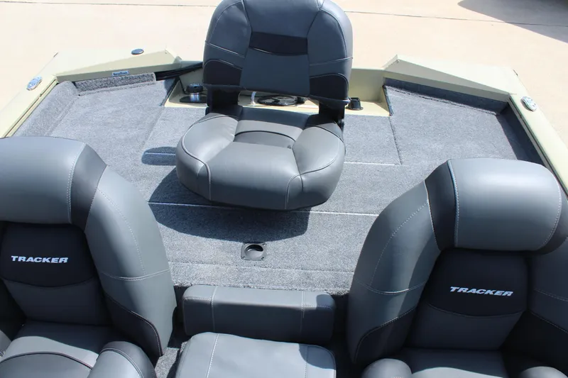 Slide: The Image of 2026 Tracker Pro Team 175 boat interior with gray cushioned seats. - 9