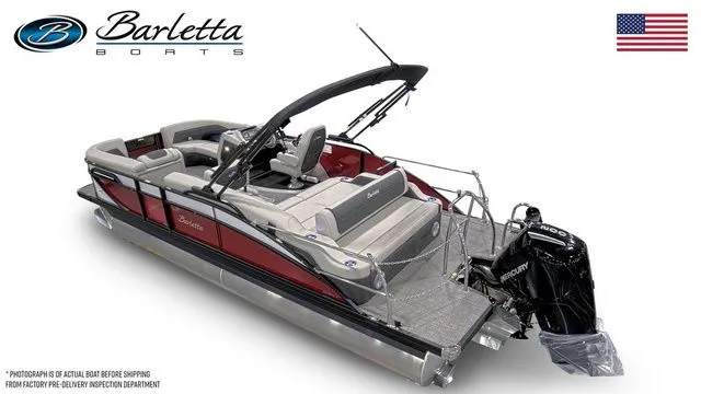 Slide: The Image of 2026 Barletta Boats Cabrio 22U pontoon with sleek design and powerful Mercury outboard motor. - 3