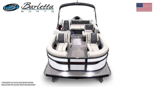 Slide: The Image of 2026 Barletta Cabrio 22U pontoon boat, luxury seating, sleek design, American flag. - 5