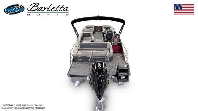 Slide: The Image of 2026 Barletta Boats Cabrio 22U pontoon with sleek design and powerful outboard motor. - 6