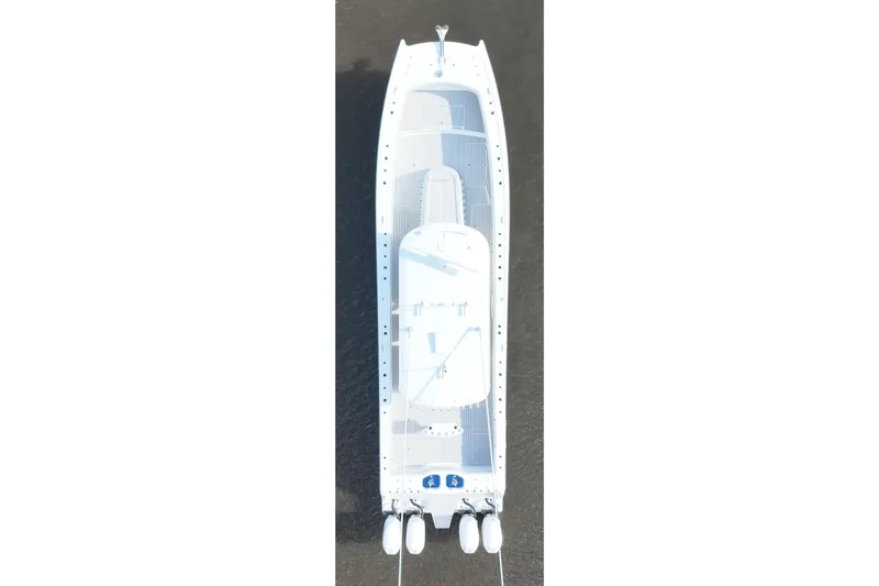 Slide: The Image of Aerial view of 2022 Freeman 47 boat on water. - 49