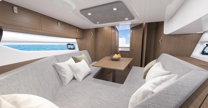 Slide: The Image of Luxurious interior of 2024 Beneteau Gran Turismo 32 Inboard yacht with elegant seating. - 18