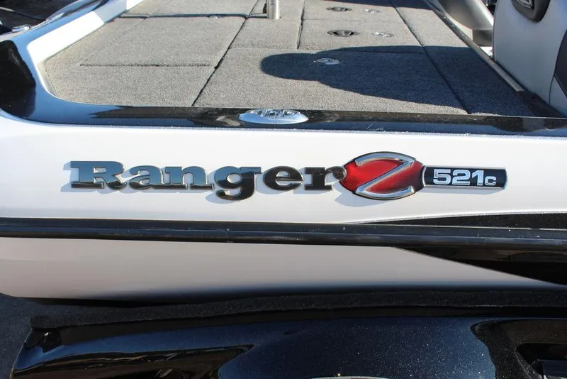 Slide: The Image of 2019 Ranger Z521 Comanche boat logo on deck, close-up view. - 20