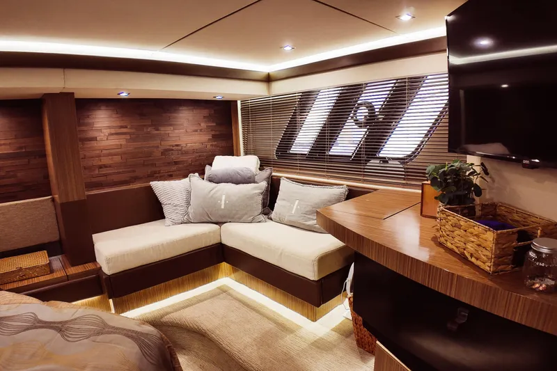 Slide: The Image of Luxurious interior of 2016 Sea Ray L590 Fly yacht with elegant seating and decor. - 4