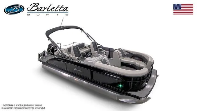 The Image of 2026 Barletta Cabrio 22UC pontoon boat, sleek design, luxury seating, American flag, white background. - 1