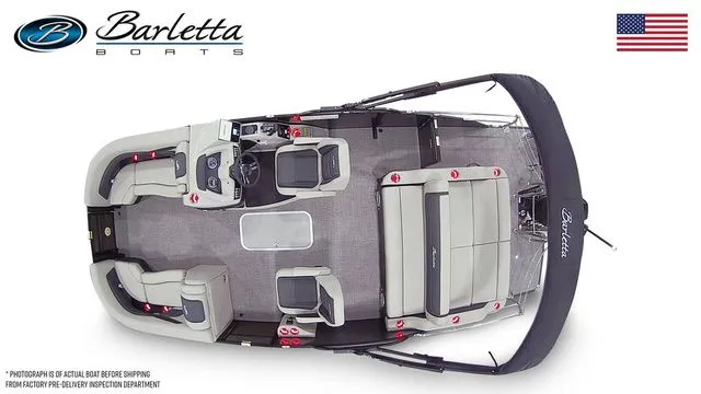Slide: The Image of 2026 Barletta Boats Cabrio 22UC pontoon, top view, showcasing spacious seating and modern design. - 7