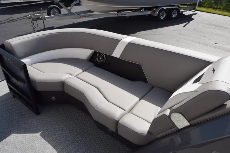 Slide: The Image of Luxurious seating on 2026 Evotti 521 CS boat, featuring sleek gray upholstery. - 15