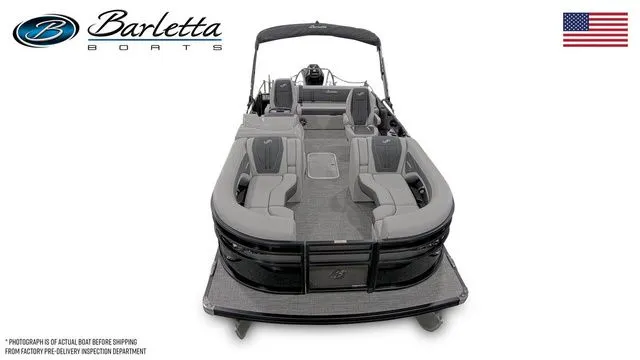 Slide: The Image of 2025 Barletta Corsa 23UC pontoon boat with sleek design and spacious seating. - 5