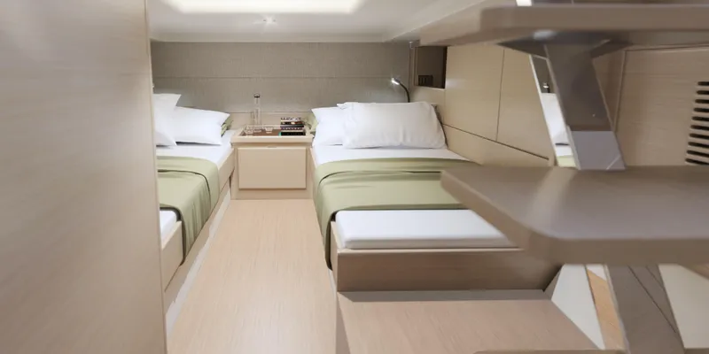 Slide: The Image of 2024 Solaris Power 40 Open cabin with twin beds and modern interior design. - 16