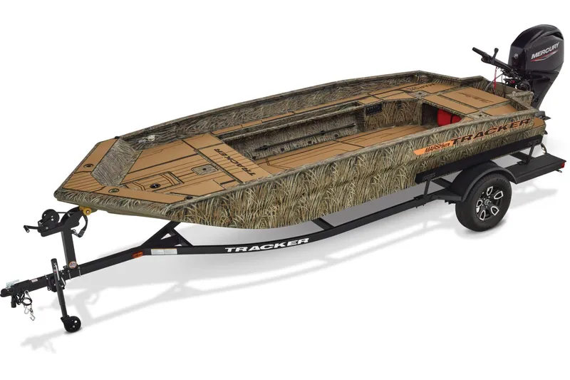 Slide: The Image of 2026 Tracker Grizzly 1756 T Marsh boat on trailer, camo design, with Mercury outboard motor. - 8