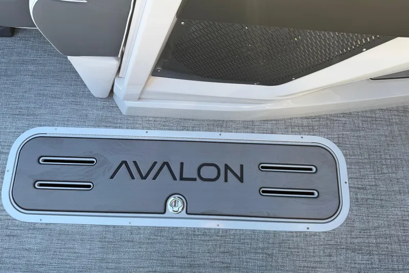 Slide: The Image of 2026 Avalon Catalina Entertainer boat deck with logo and sleek design. - 47