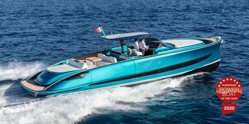 The Image of 2024 Solaris Power 48 OPEN luxury yacht cruising on the ocean, awarded European Power Boat of the Year 2020. - 0