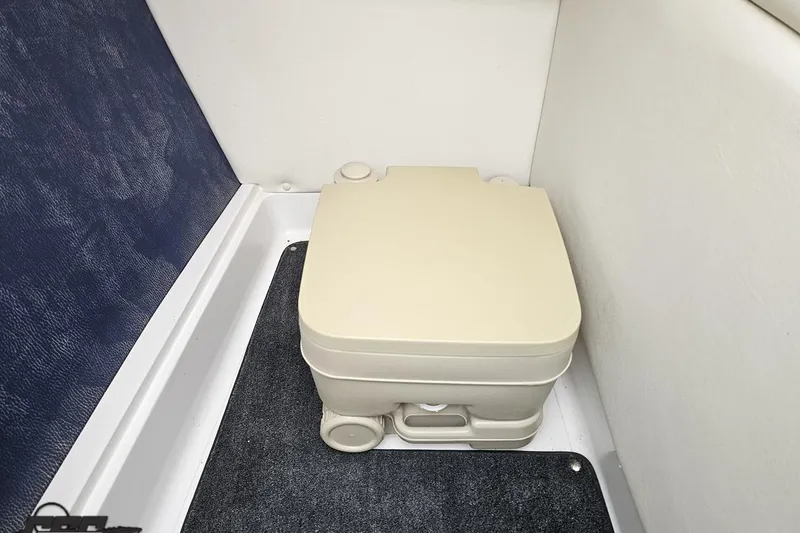 Slide: The Image of Portable toilet in 2007 Cobalt 252 boat interior, featuring compact design and neutral color. - 76