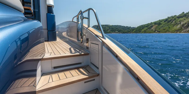 Slide: The Image of 2024 Solaris Power 48 Flybridge yacht deck with ocean view. - 10