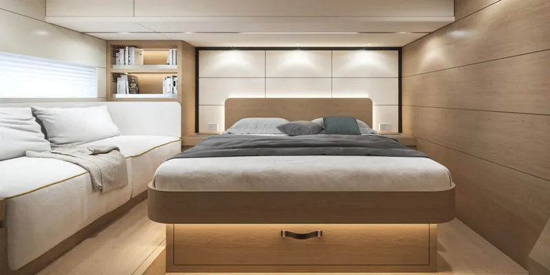 Slide: The Image of Luxurious bedroom interior of 2024 Solaris Power 52 Open yacht with modern design. - 12