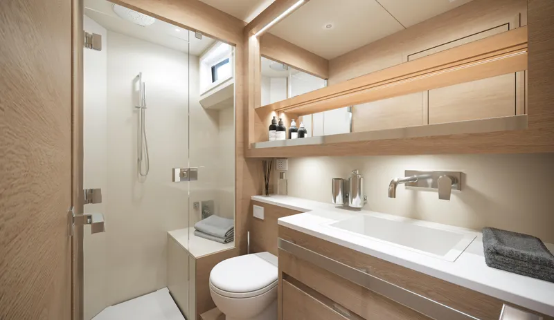Slide: The Image of Modern bathroom in 2024 Solaris Power 52 Open yacht with glass shower and sleek fixtures. - 13