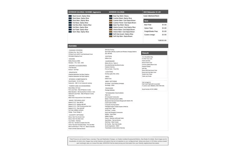 Slide: The Image of 2023 Malibu Wakesetter 23 LSV specifications and features list with color options. - 25
