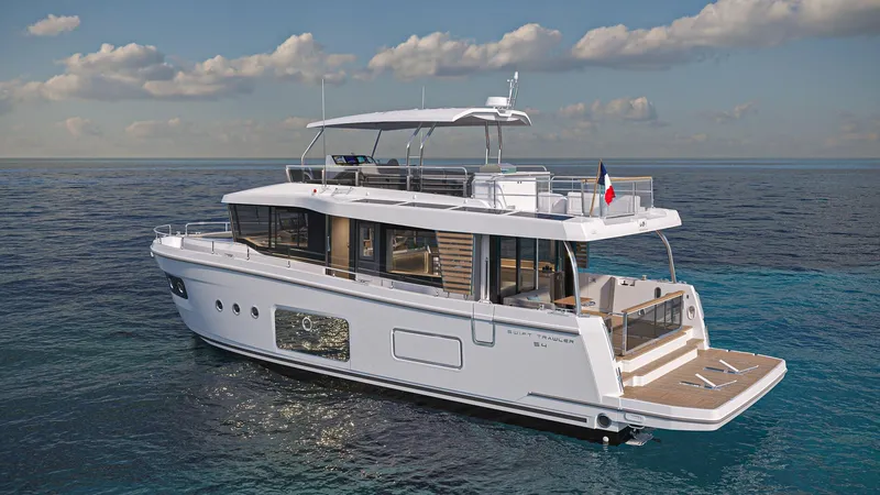 The Image of 2025 Beneteau Swift Trawler 54 cruising on open sea under clear skies. - 0
