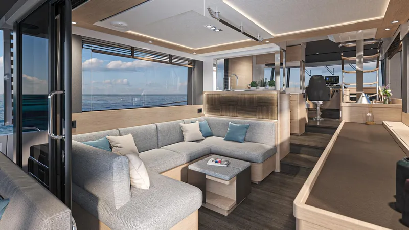 Slide: The Image of Luxurious interior of 2025 Beneteau Swift Trawler 54 with modern seating and ocean view. - 10