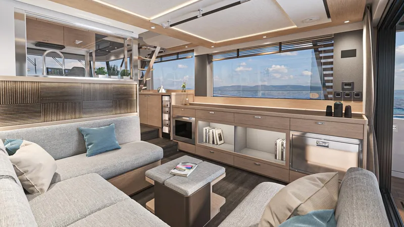 Slide: The Image of Luxurious interior of 2025 Beneteau Swift Trawler 54 with modern furnishings and ocean view. - 11