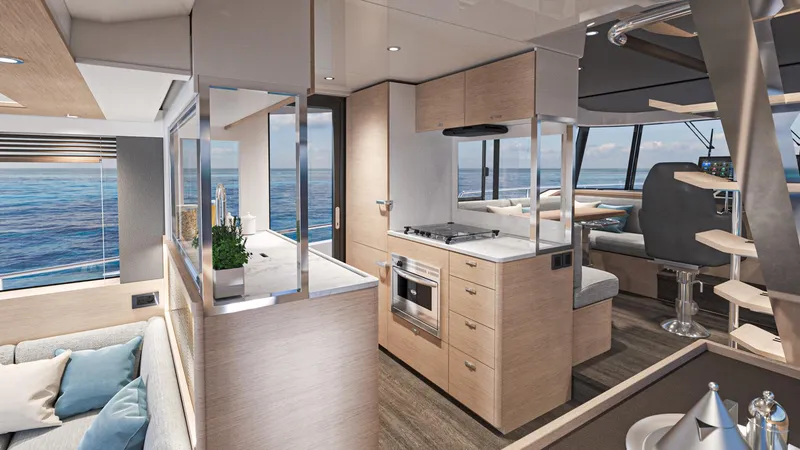 Slide: The Image of Luxurious interior of 2025 Beneteau Swift Trawler 54 with modern kitchen and ocean view. - 13