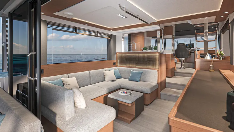 Slide: The Image of Luxurious interior of 2025 Beneteau Swift Trawler 54 with modern seating and ocean view. - 14