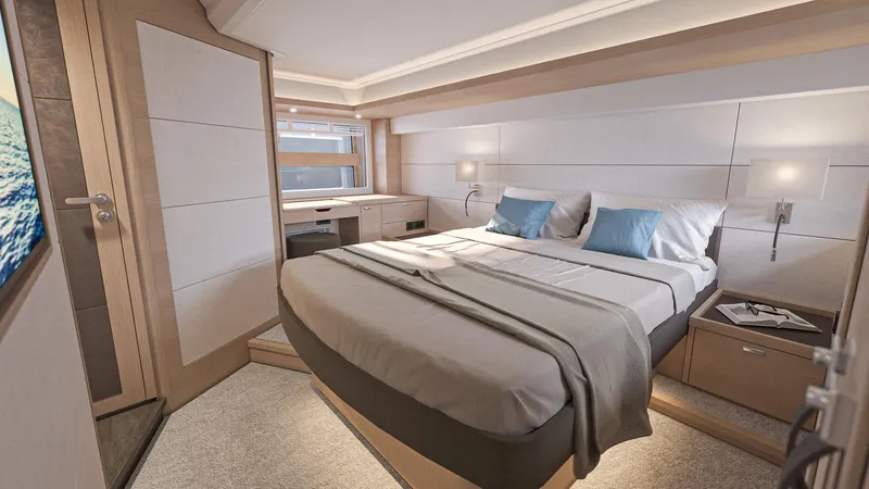 Slide: The Image of Luxurious bedroom interior of 2025 Beneteau Swift Trawler 54, featuring modern design and cozy ambiance. - 16