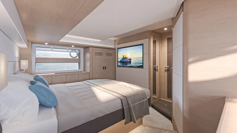 Slide: The Image of Luxurious bedroom interior of 2025 Beneteau Swift Trawler 54 yacht. - 17