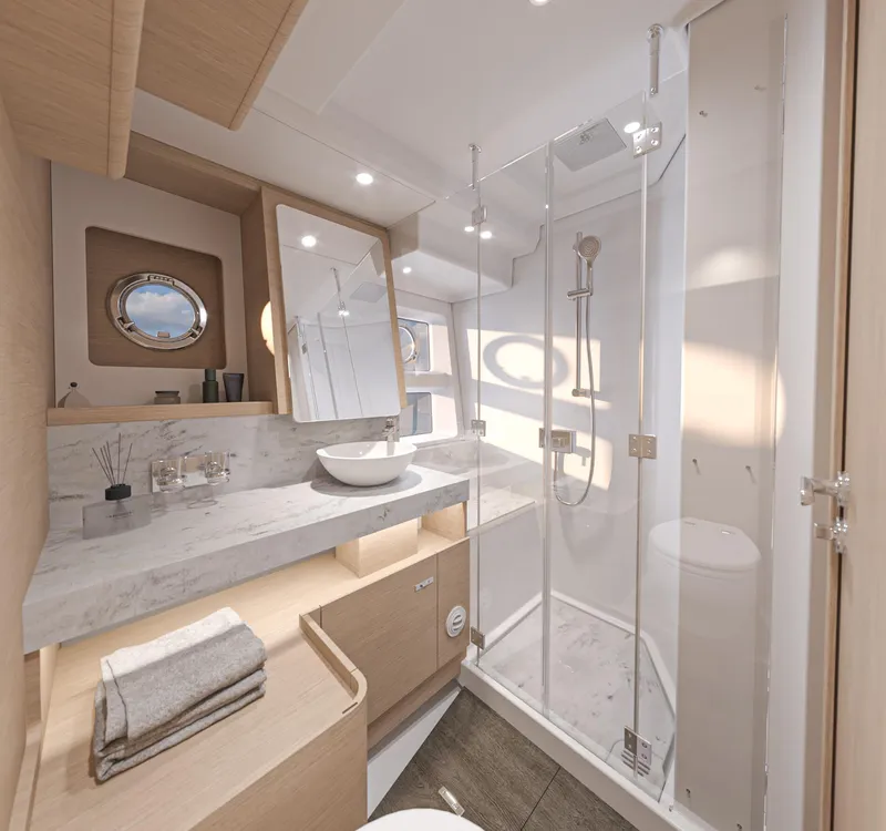 Slide: The Image of Luxurious bathroom in 2025 Beneteau Swift Trawler 54 with modern fixtures and elegant design. - 18