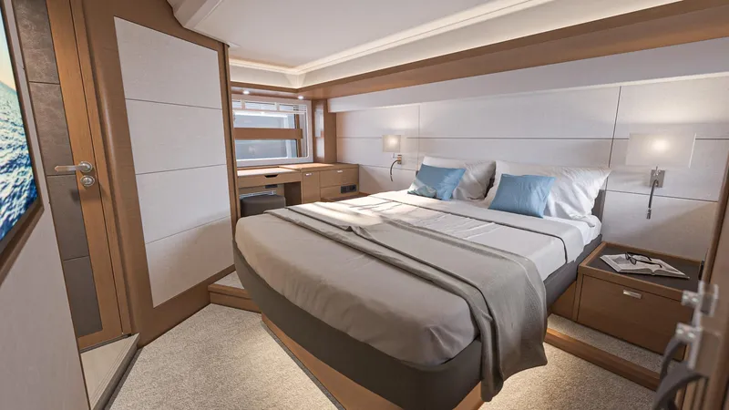 Slide: The Image of Luxurious bedroom in 2025 Beneteau Swift Trawler 54 yacht, featuring modern design and cozy ambiance. - 24