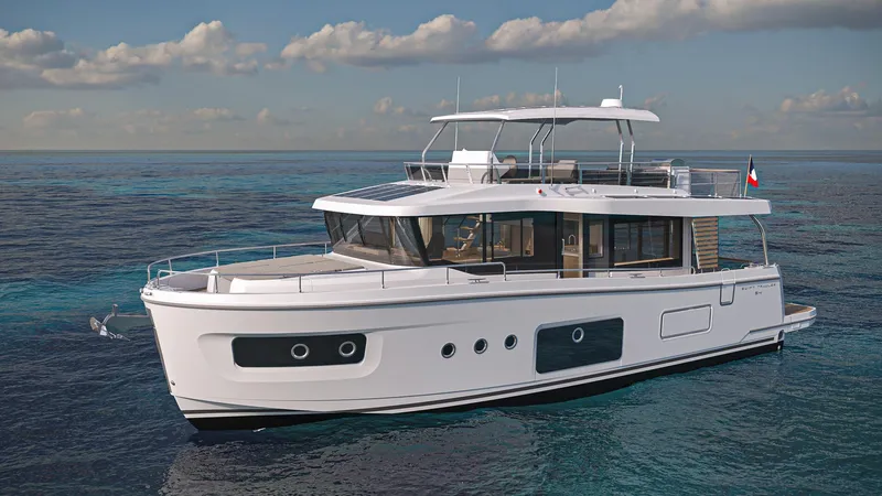 Slide: The Image of 2025 Beneteau Swift Trawler 54 cruising on open sea under clear skies. - 3