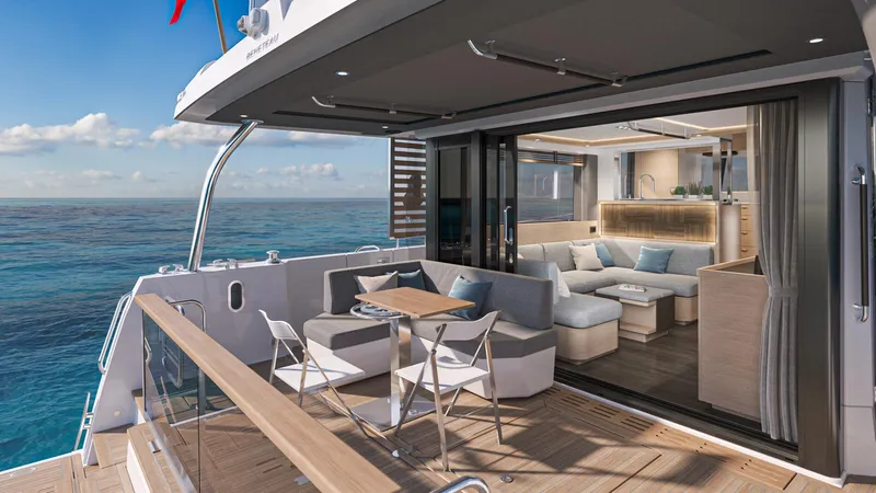 Slide: The Image of 2025 Beneteau Swift Trawler 54, luxurious deck and interior with ocean view. - 8
