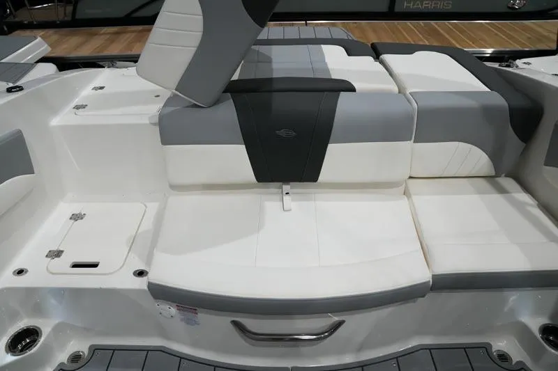 Slide: The Image of 2025 Chaparral 21 SSi boat interior with gray and white seating arrangement. - 4