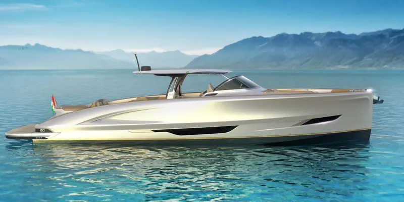 The Image of 2024 Solaris Power 60 Open luxury yacht on serene waters with mountain backdrop. - 1