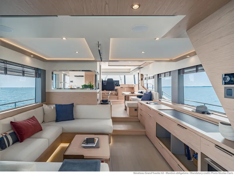 Slide: The Image of Luxurious interior of 2025 Beneteau Grand Trawler 62 yacht with modern design and ocean view. - 29