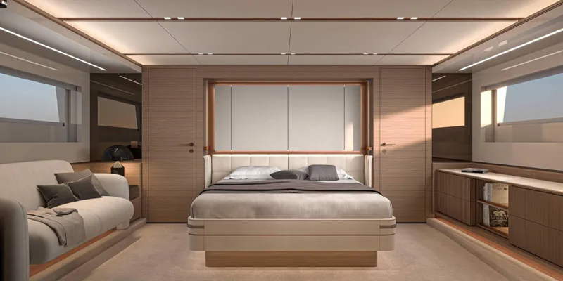 Slide: The Image of Luxurious interior of 2025 Solaris Power 70 Long Range yacht bedroom. - 7